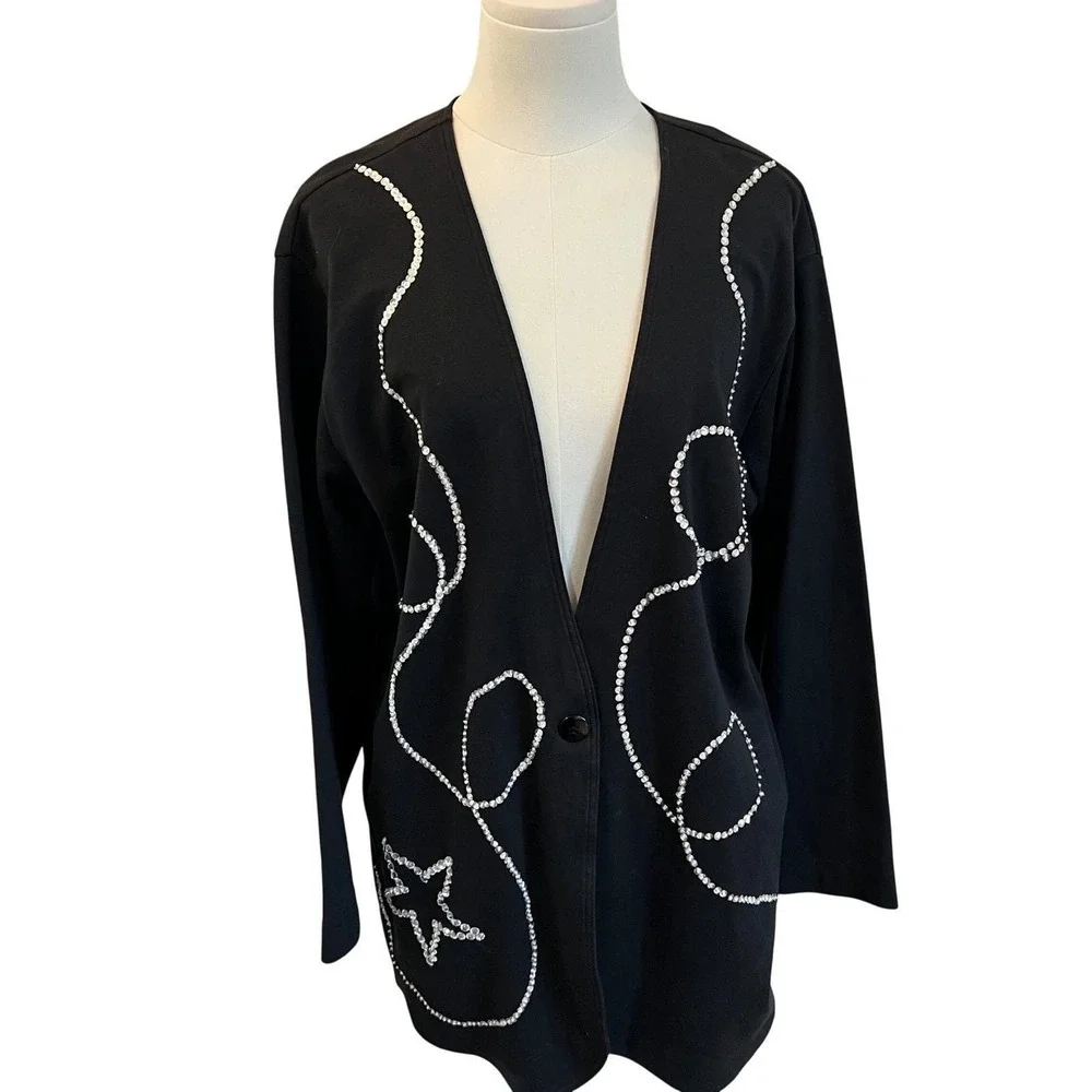 Vintage Black Rhinestone Star Cardigan Beaded Y2K Minimalist Art Jacket M - Picture 2 of 8